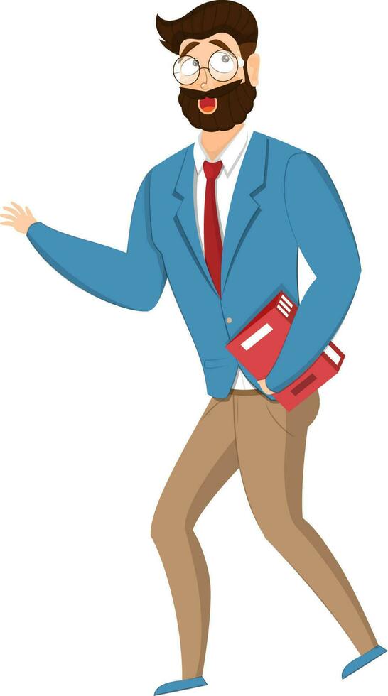 Vector illustration of bearded man character wearing formal dress and holding a book on white background.