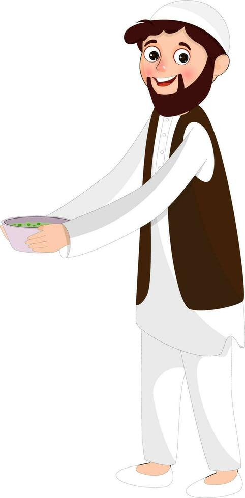 Character of muslim man holding bowl. vector