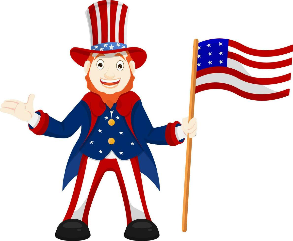 Uncle Sam cartoon holding USA Flag for 4th July design element. vector