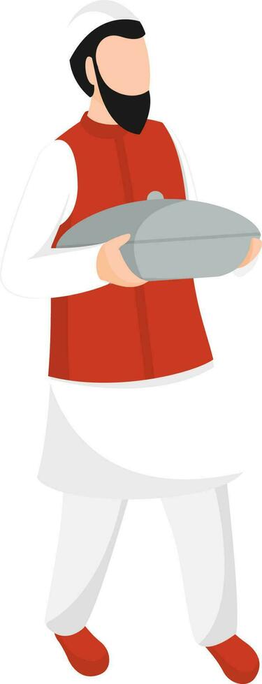 Cartoon character of Muslim faceless man holding food on Festival occasion concept. vector