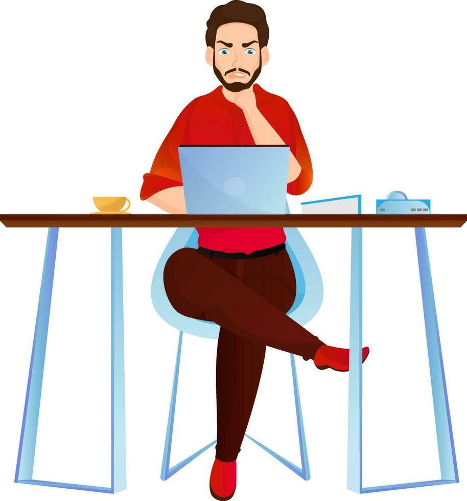 Young cheerful businessman character sitting on chair and doing work in laptop. vector