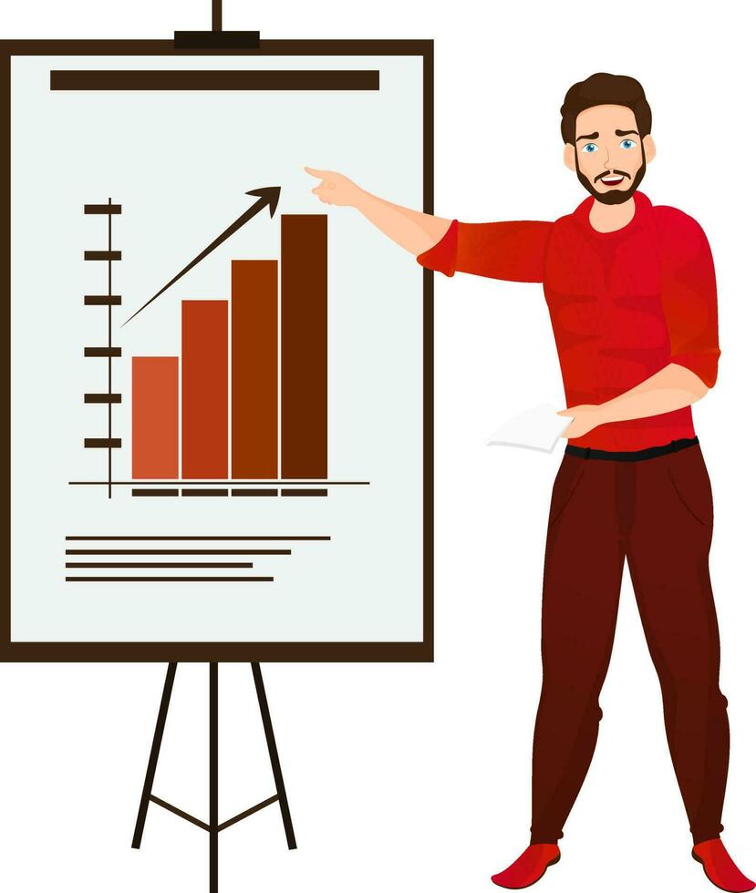 Infographic Report concept element. Illustration of man giving presentation. vector