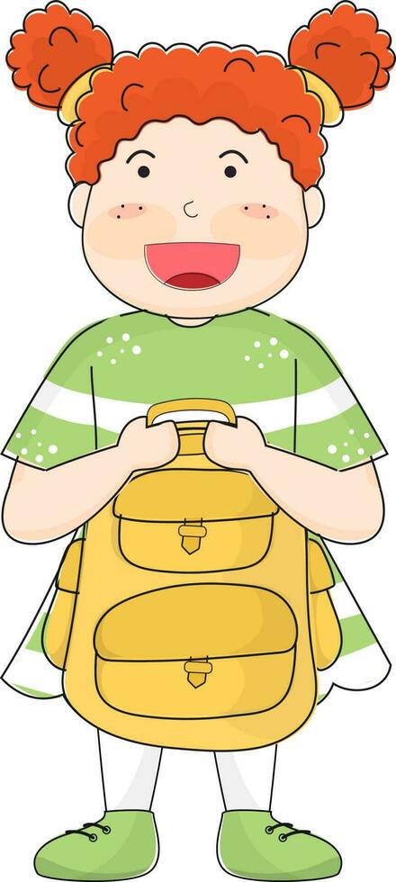 Cute little girl holding backpack in standing pose. vector