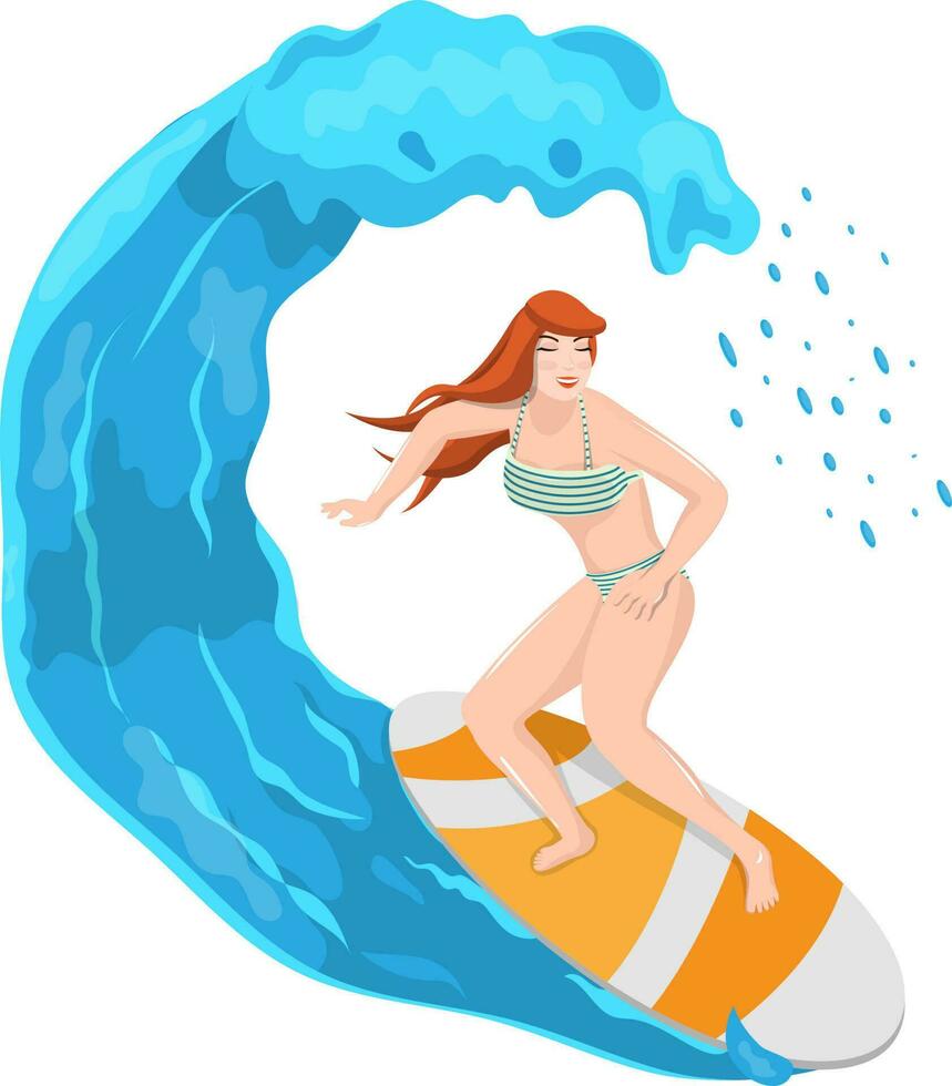 Illustration of surfer woman diving water. vector