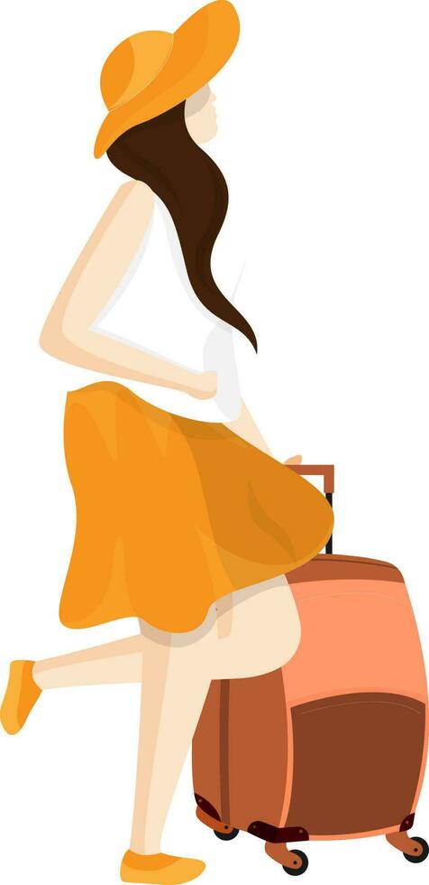 Modern girl holding travel bag in stylish pose. vector