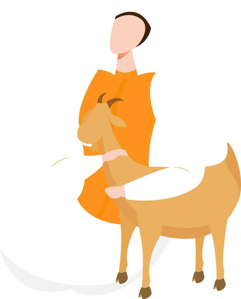 Faceless character of man wearing their traditional clothes and holding goat on white background concept for Islamic festival. vector