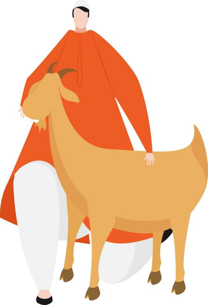 Faceless character of man wearing their traditional clothes and holding goat on white background concept for Islamic festival. vector