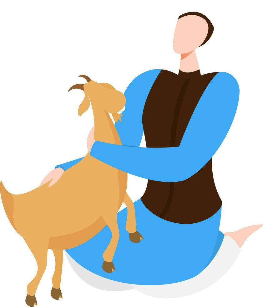 Faceless character of man wearing their traditional clothes and holding goat on white background concept for Islamic festival. vector