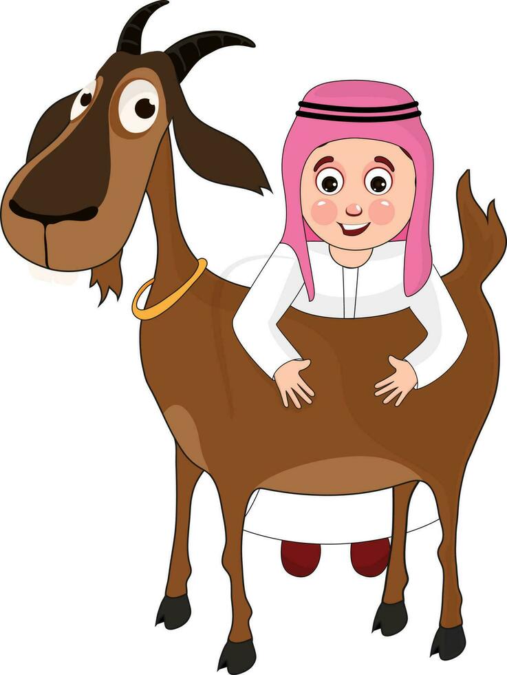 Cartoon character of boy wearing their traditional clothes and holding goat on white background concept for Islamic festival. vector