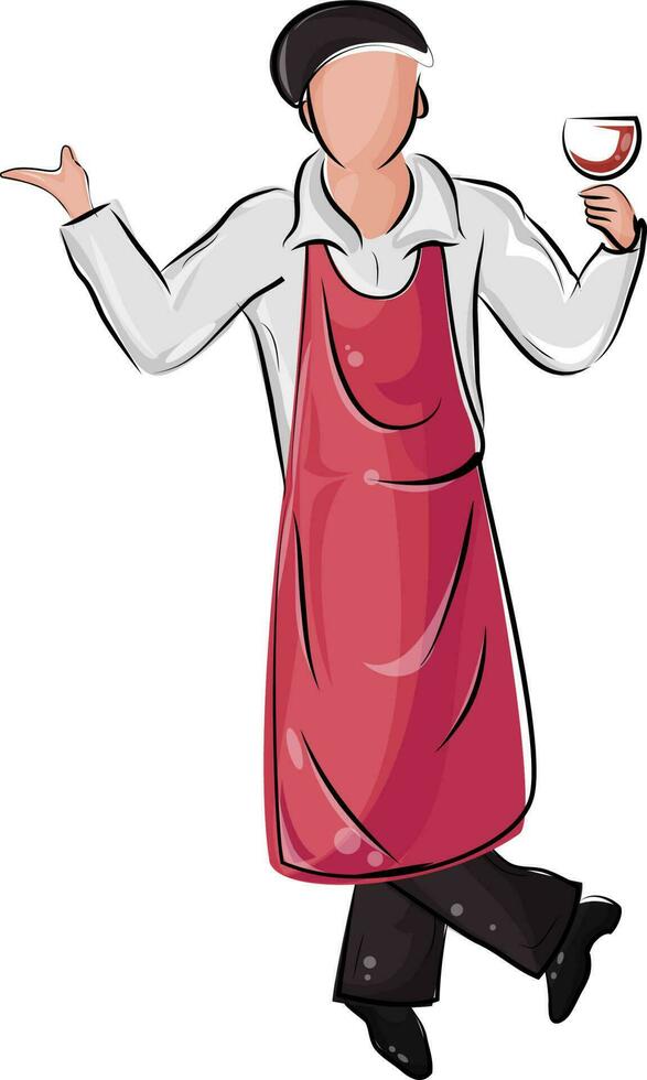 Character of faceless waiter holding wine glass in stylish pose. vector
