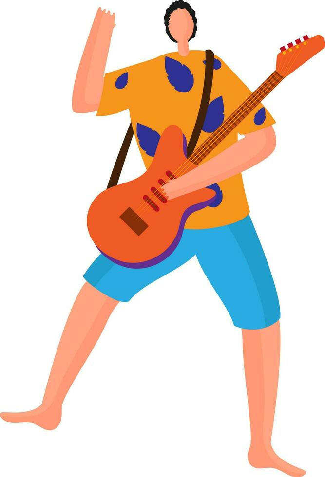 Faceless man holding guitar in dancing pose. vector