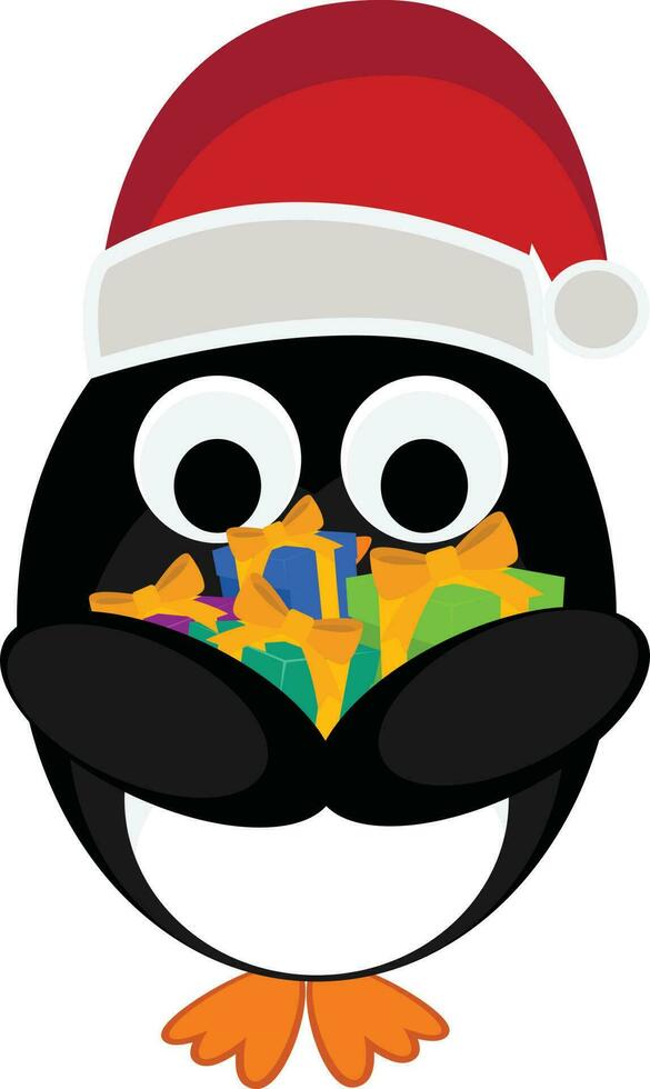 Penguin wearing Santa cap and holding gift boxes. vector
