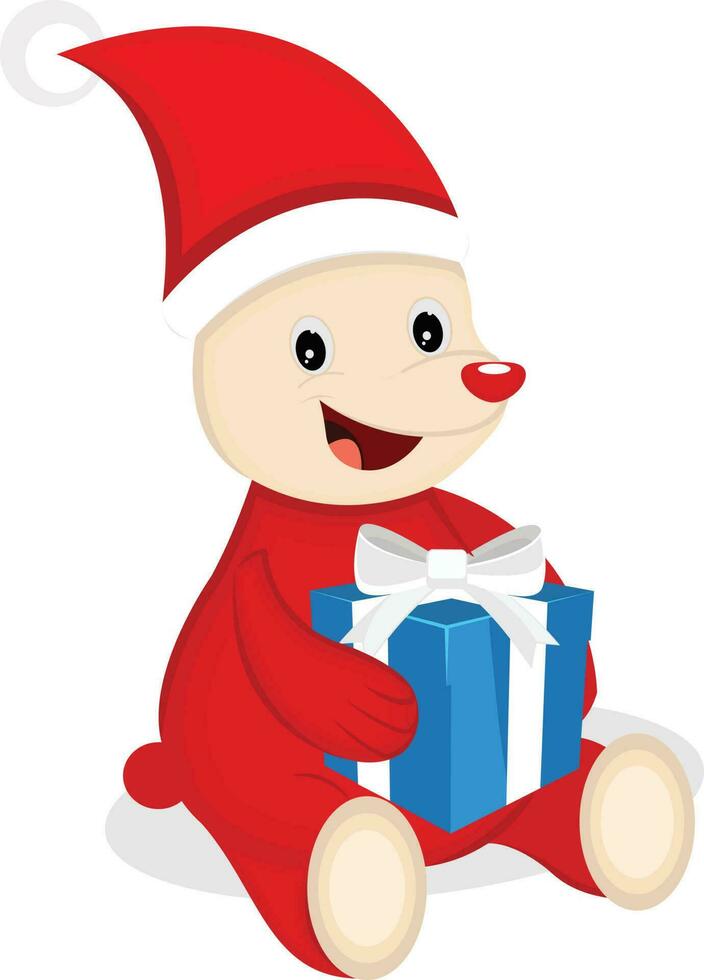Teddy bear in Santa Claus costume with gift box. vector