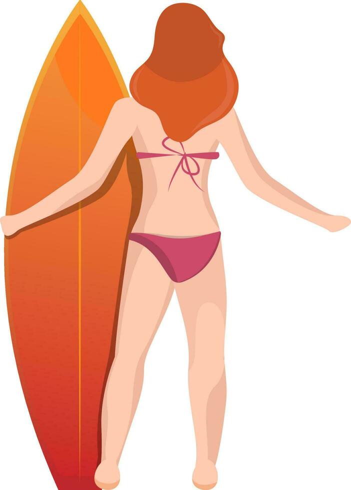 Back view of woman wearing bikini and holding surfboard. vector