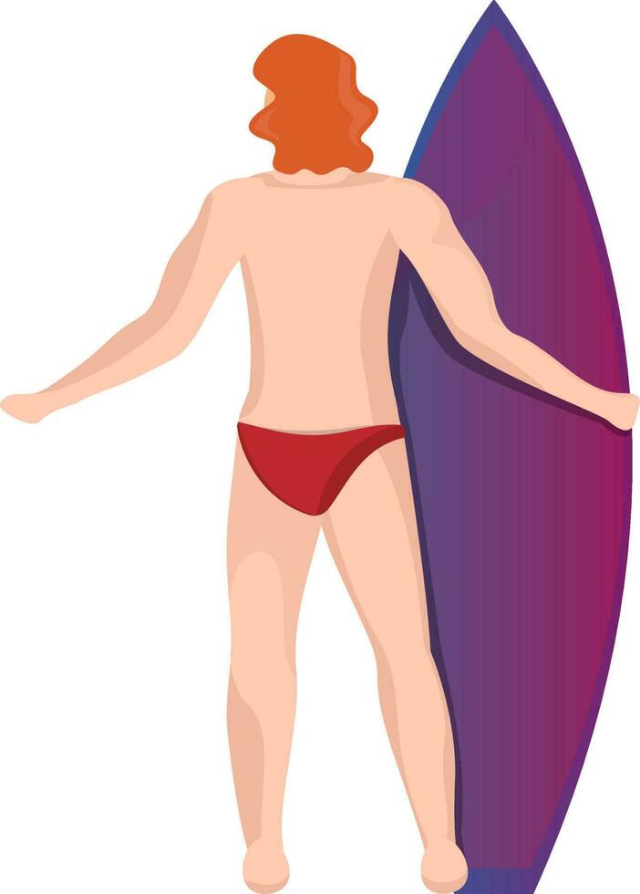 Back view of surfer man holding surfboard. vector