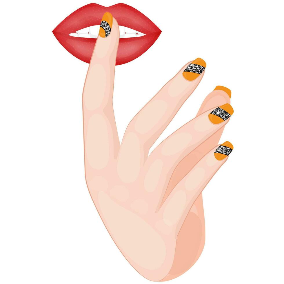 Illustration of woman's hand touching lips, shh concept element. vector