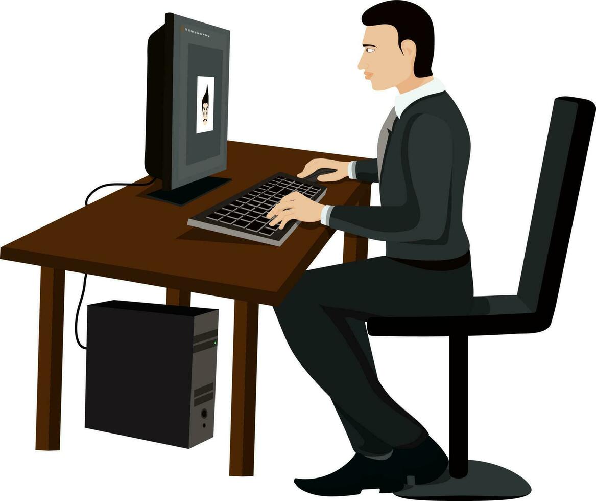 Side view of young Businessman working on desktop. vector