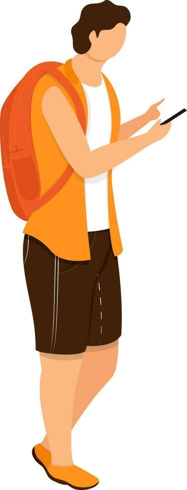 Illustration of boy holding backpack with watching smartphone. vector