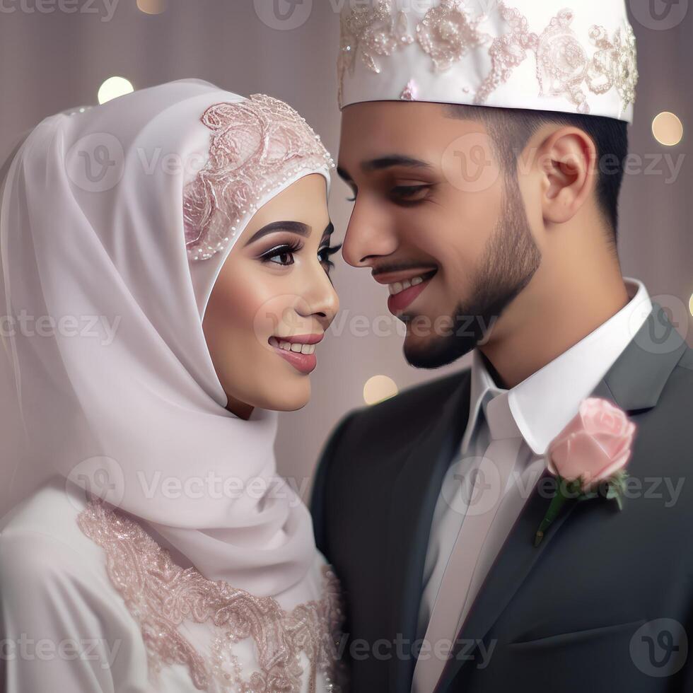 retrato de musulmán Boda Pareja vistiendo tradicional atuendo, generativo ai. foto