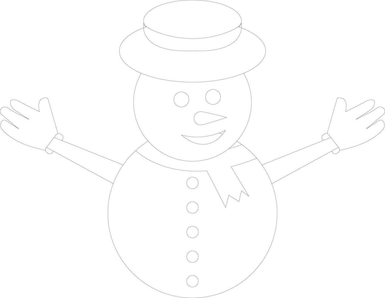 monigote de nieve vistiendo sombrero y bufanda y abierto brazos. vector