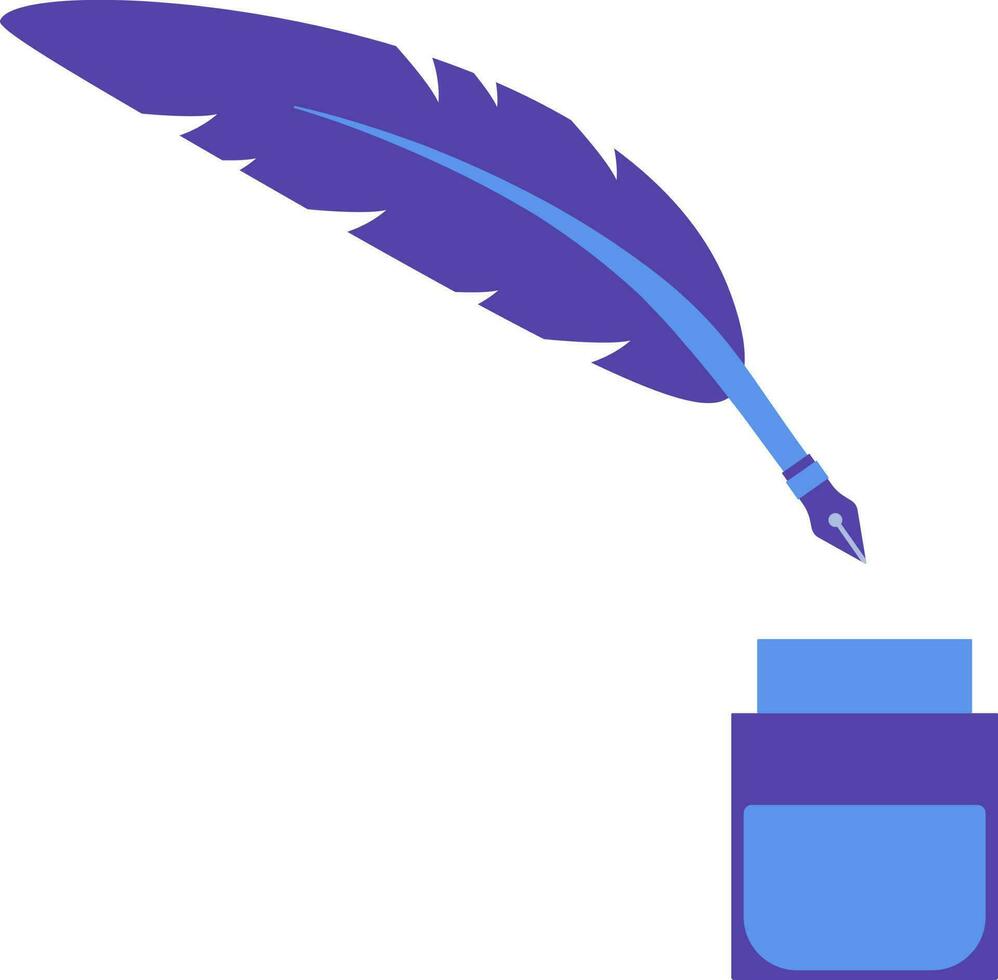 Feather pen with inkwell in illustration. vector