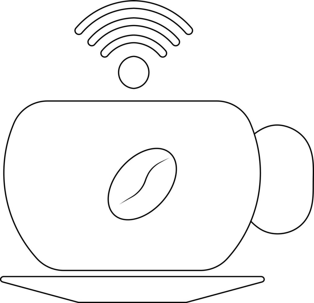 Illustratio of coffee cup and plate with wifi sign in black line art. vector