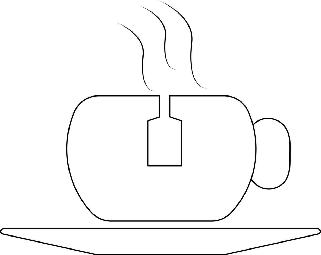 Tea bag and hot tea cup with plate in black line art illustration. vector