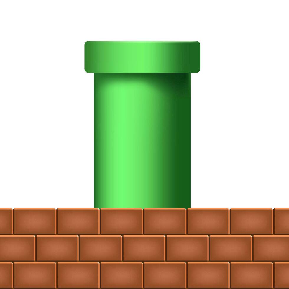 3D Brick Wall and Green Pipe Cute Cartoon Vector