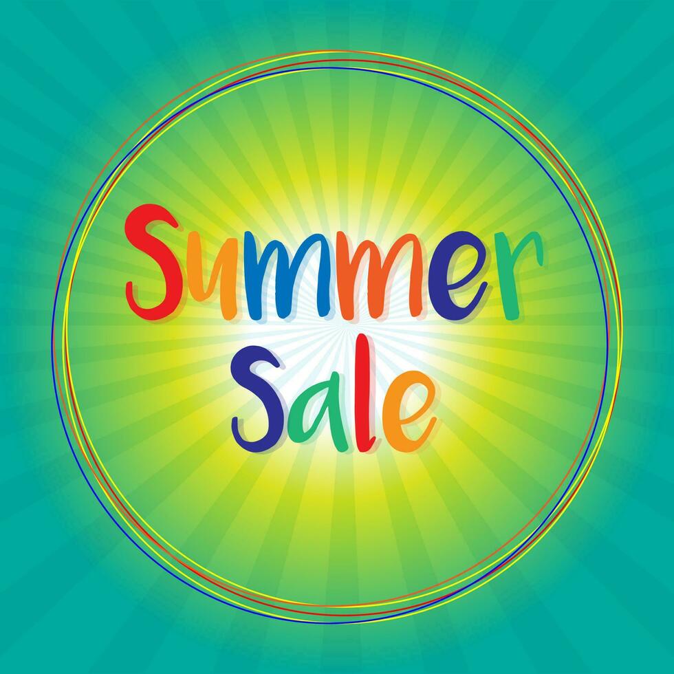 Text Summer Sale in circle decorated with shiny rays background. vector