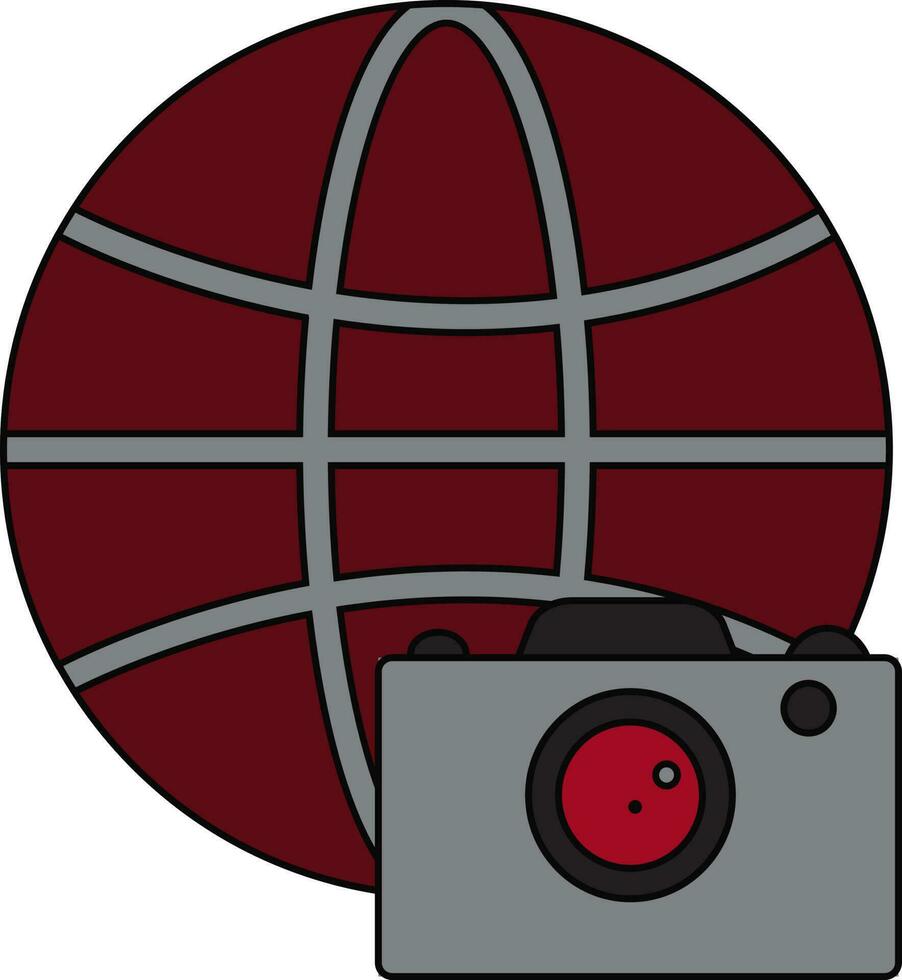 Brown earth globe with grey and red photo camera in black line art. vector