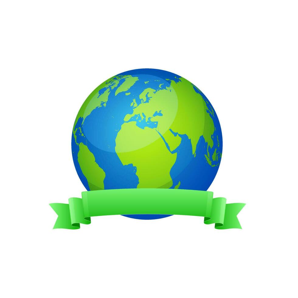 Glossy green ribbon decorated earth globe. vector