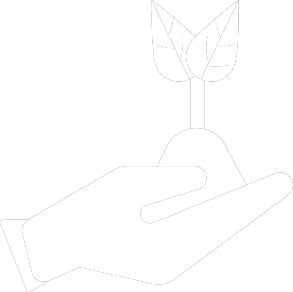 Human hand holding leaves plant in line art. vector