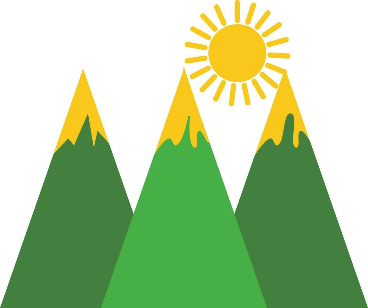Green mountains with yellow sun rays. vector
