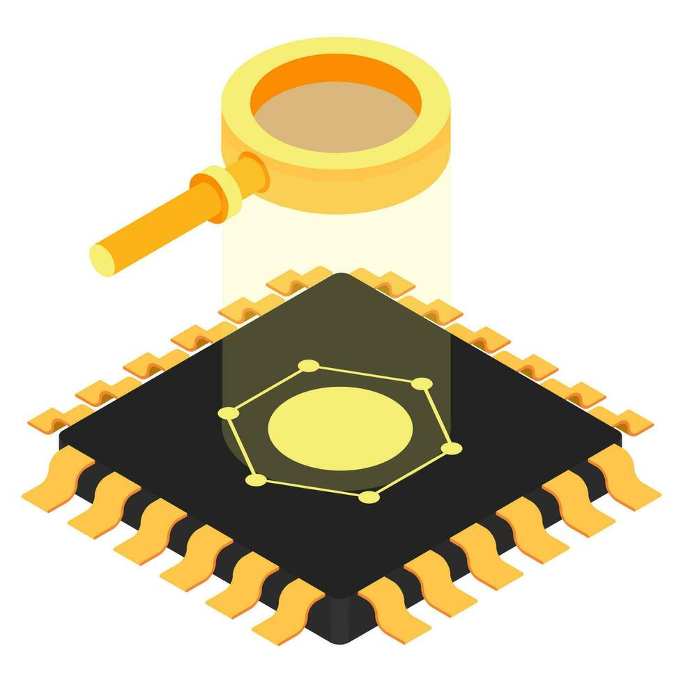 Isometric microchip with magnifying glass icon. vector