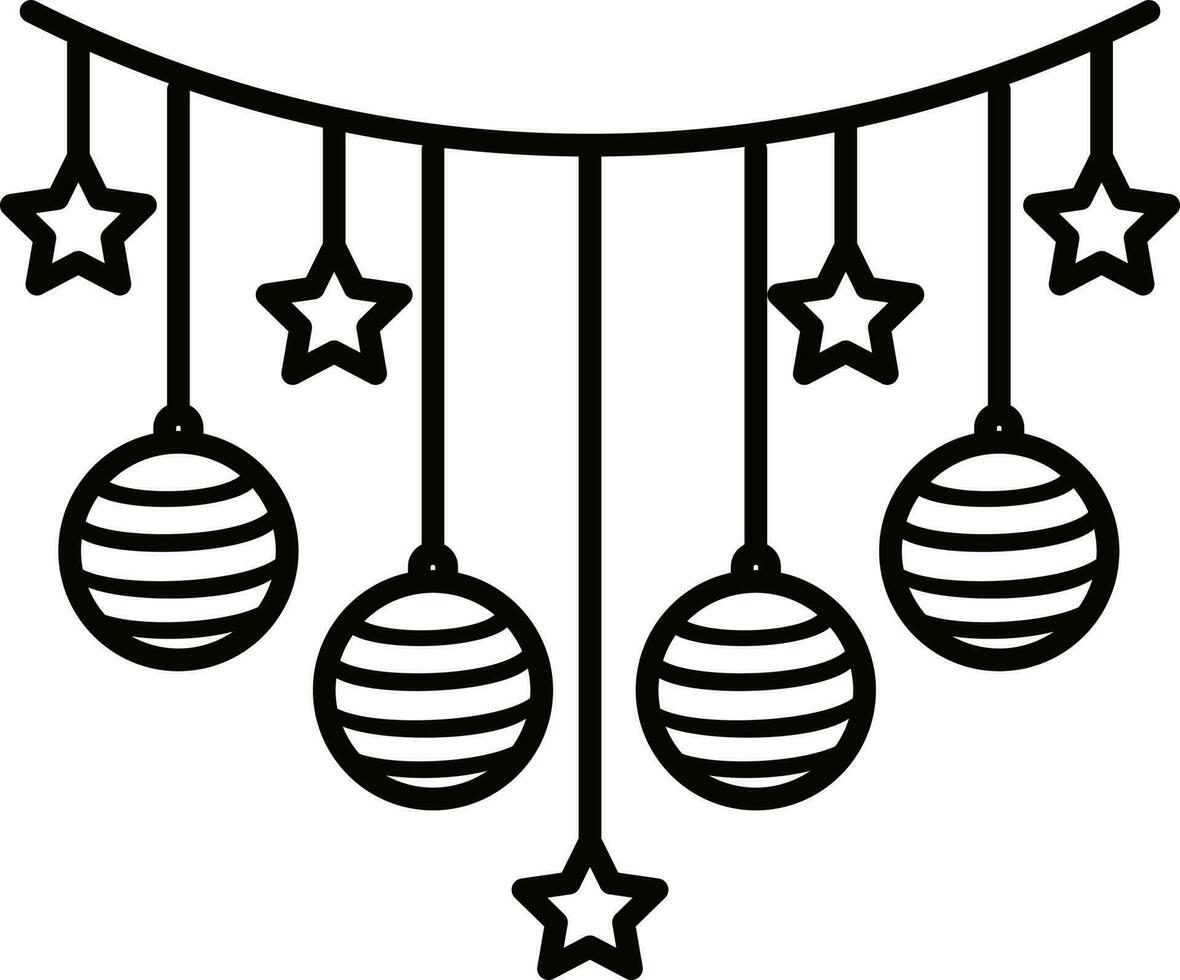 Hanging stars and baubles garland icon in black line art. vector