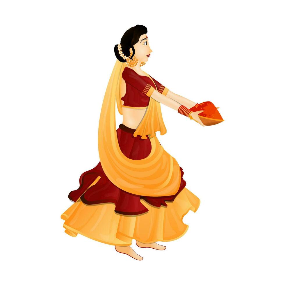 Beautiful lady holding color bowl for holi festival celebration. vector