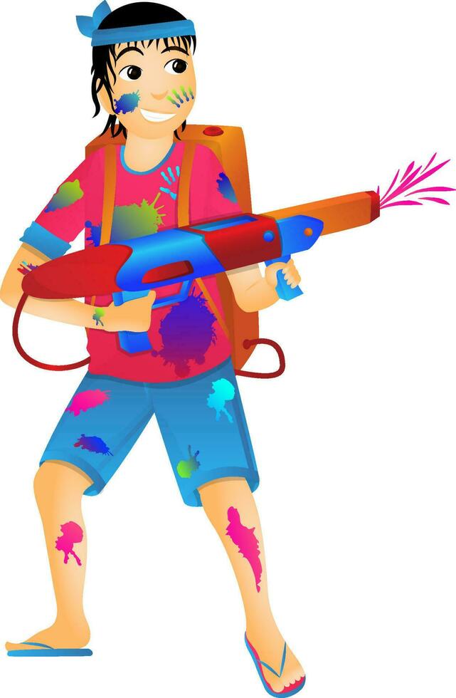 Cheerful boy character playing with water gun on the occasion of Holi. vector