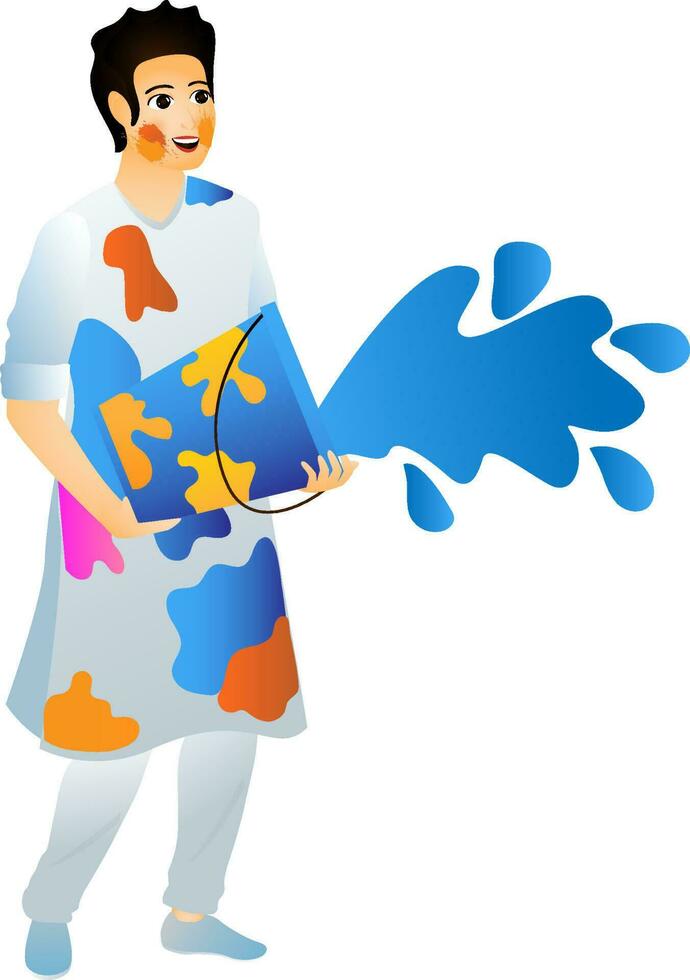 Young boy throwing color from a bucket on occasion of Holi festival. vector