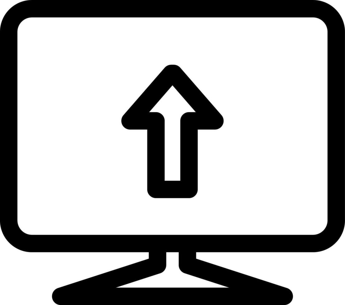 Upload or location arrow on computer screen icon in black line art. vector