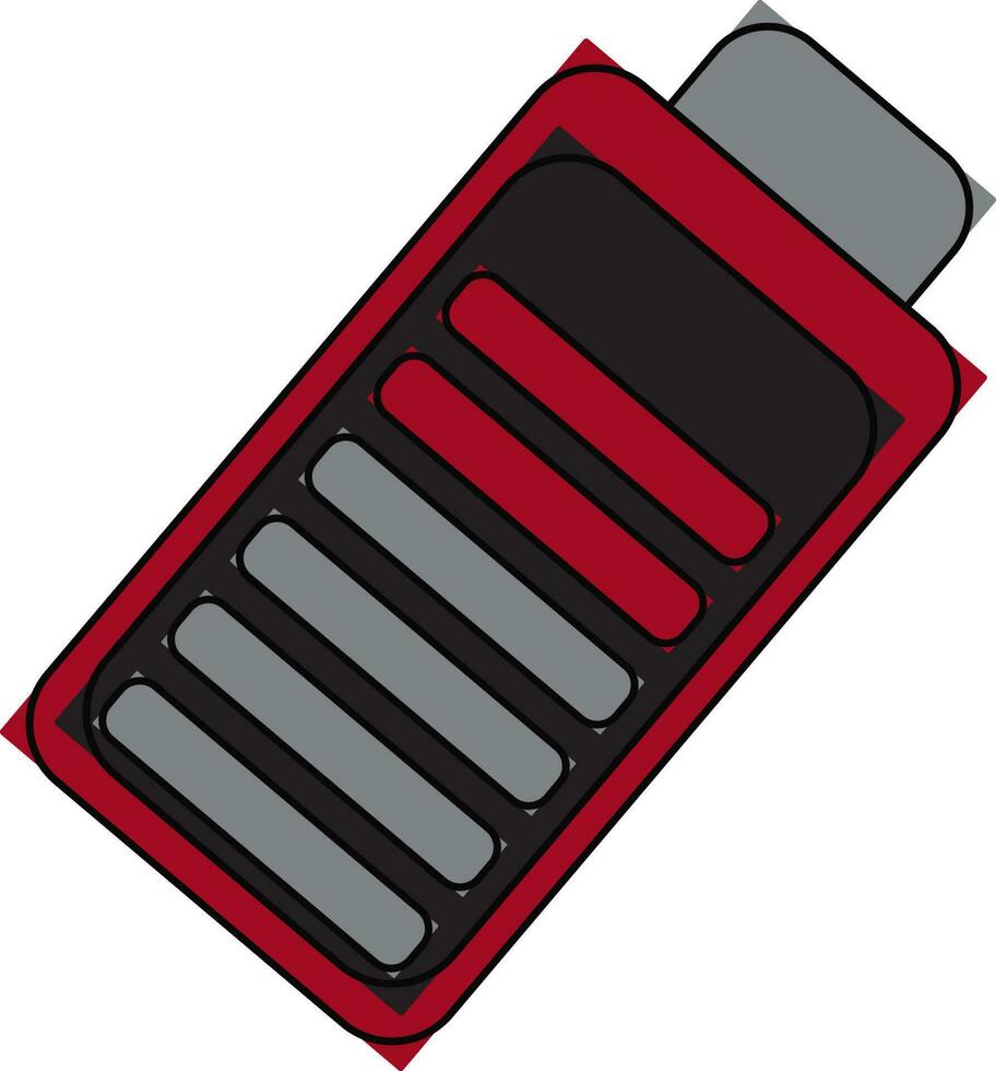 Red and grey battery in black line art. vector
