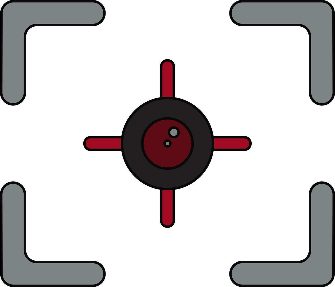 Black line art illustration of a red and black camera focus in grey frame. vector