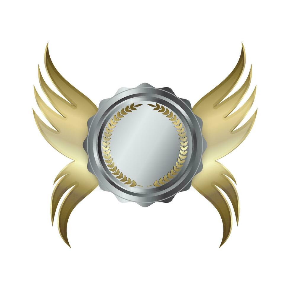 Gray shield with glossy golden wings. vector