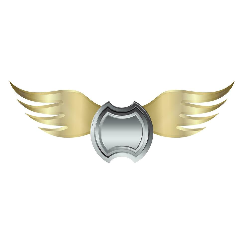 Gray shield with glossy golden wings. vector