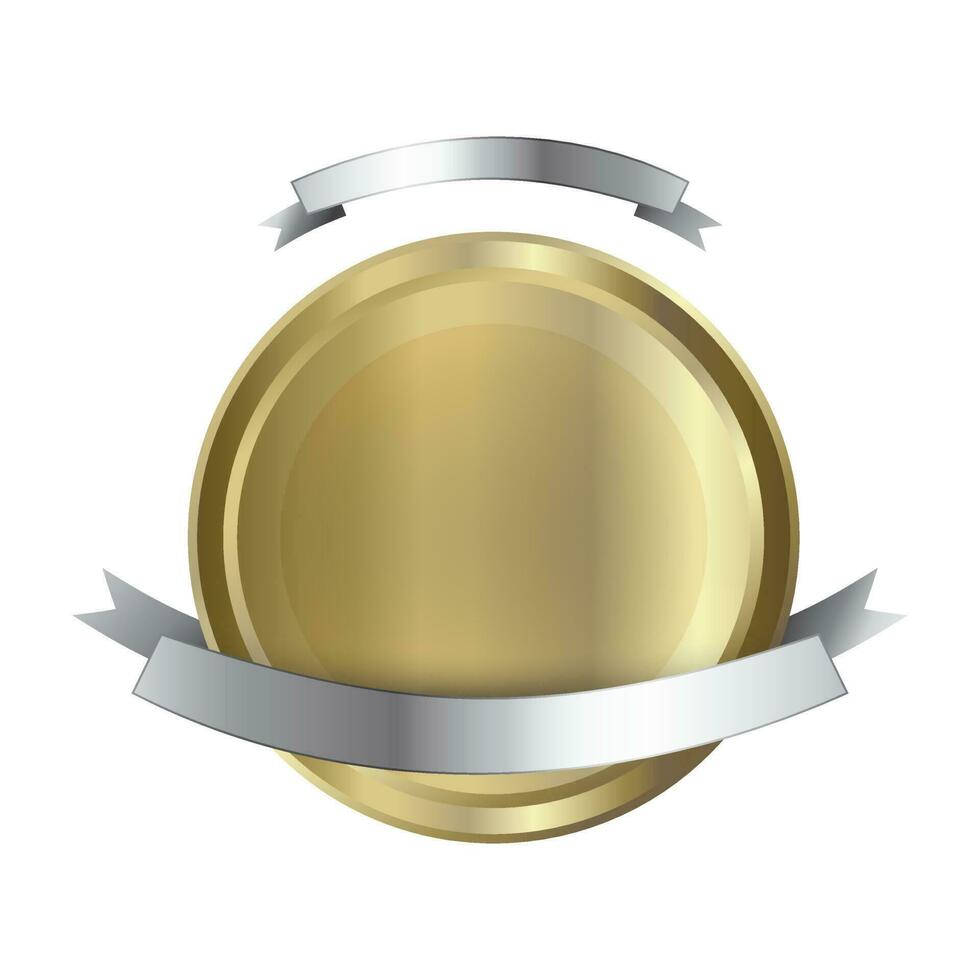 Glossy golden circular shield with blank gray ribbon. vector