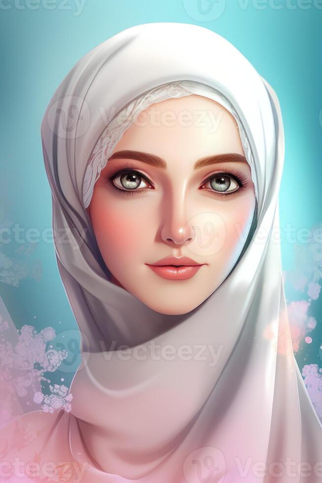 Attractive Beautiful Muslim Young Girl Character Wearing Hijab Headscarves, . photo