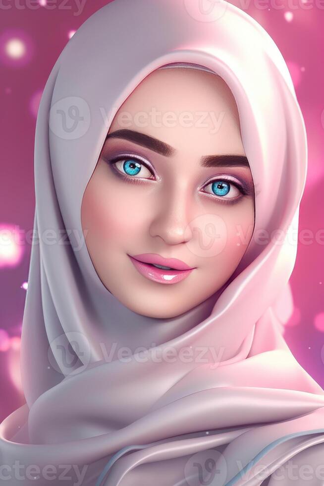 Attractive Beautiful Muslim Young Girl Character Wearing Hijab Headscarves, . photo