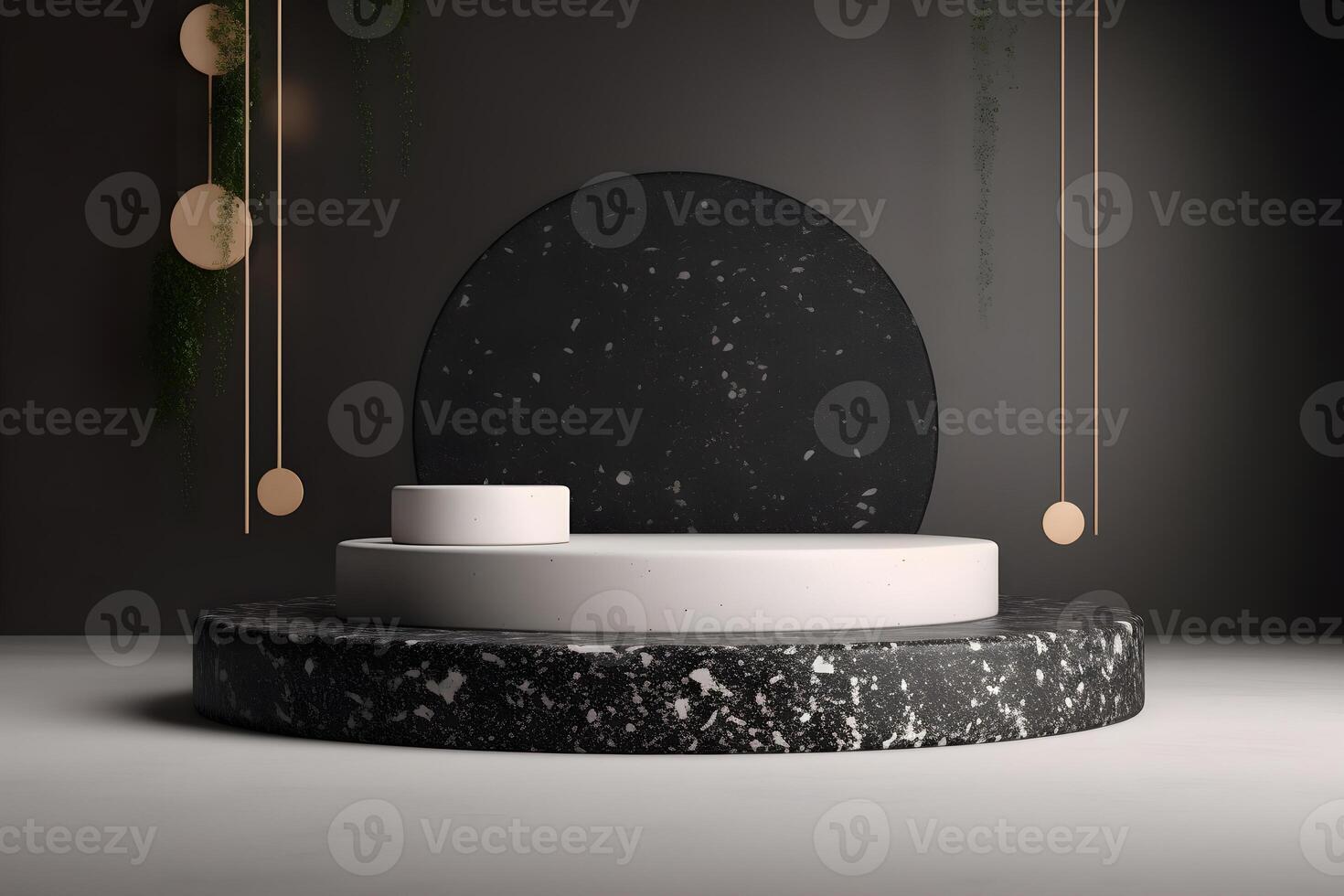 Abstract 3d podium for product presentation with geometric shapes, Black pastel backdrop wall, terrazzo podium, Illustration. photo