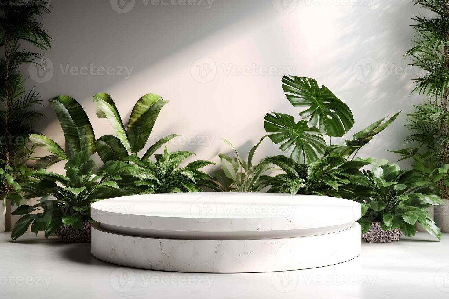 3d render empty space white terrazzo textured podium with monstera leaf house plant. Podium for product shoot. Illustration. photo