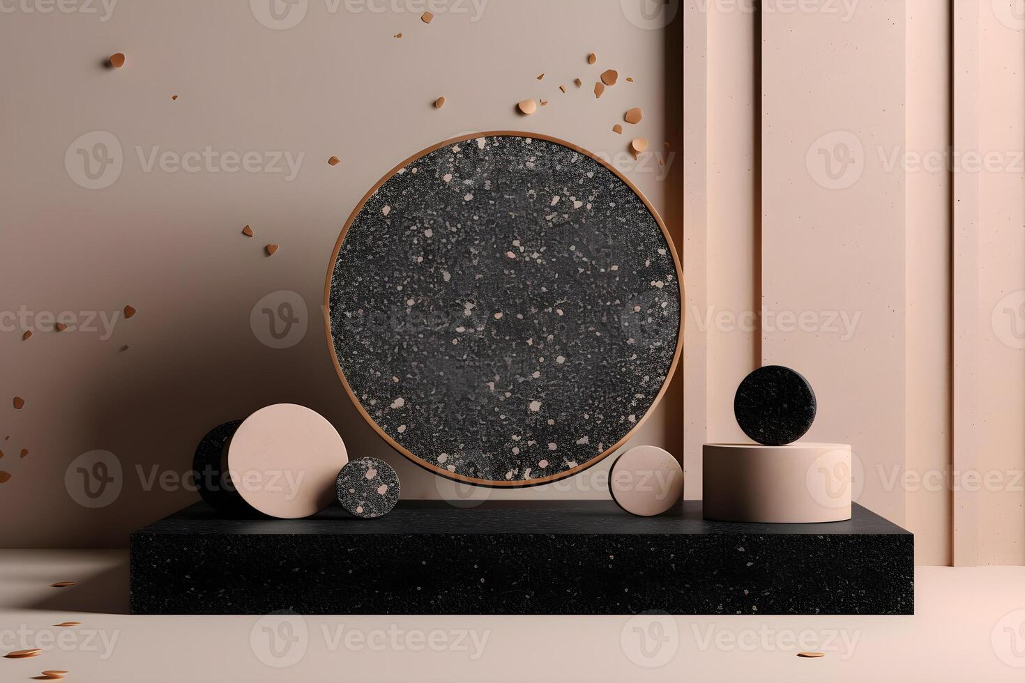 Abstract 3d podium for product presentation with geometric shapes, Black pastel backdrop wall, terrazzo podium, Illustration. photo