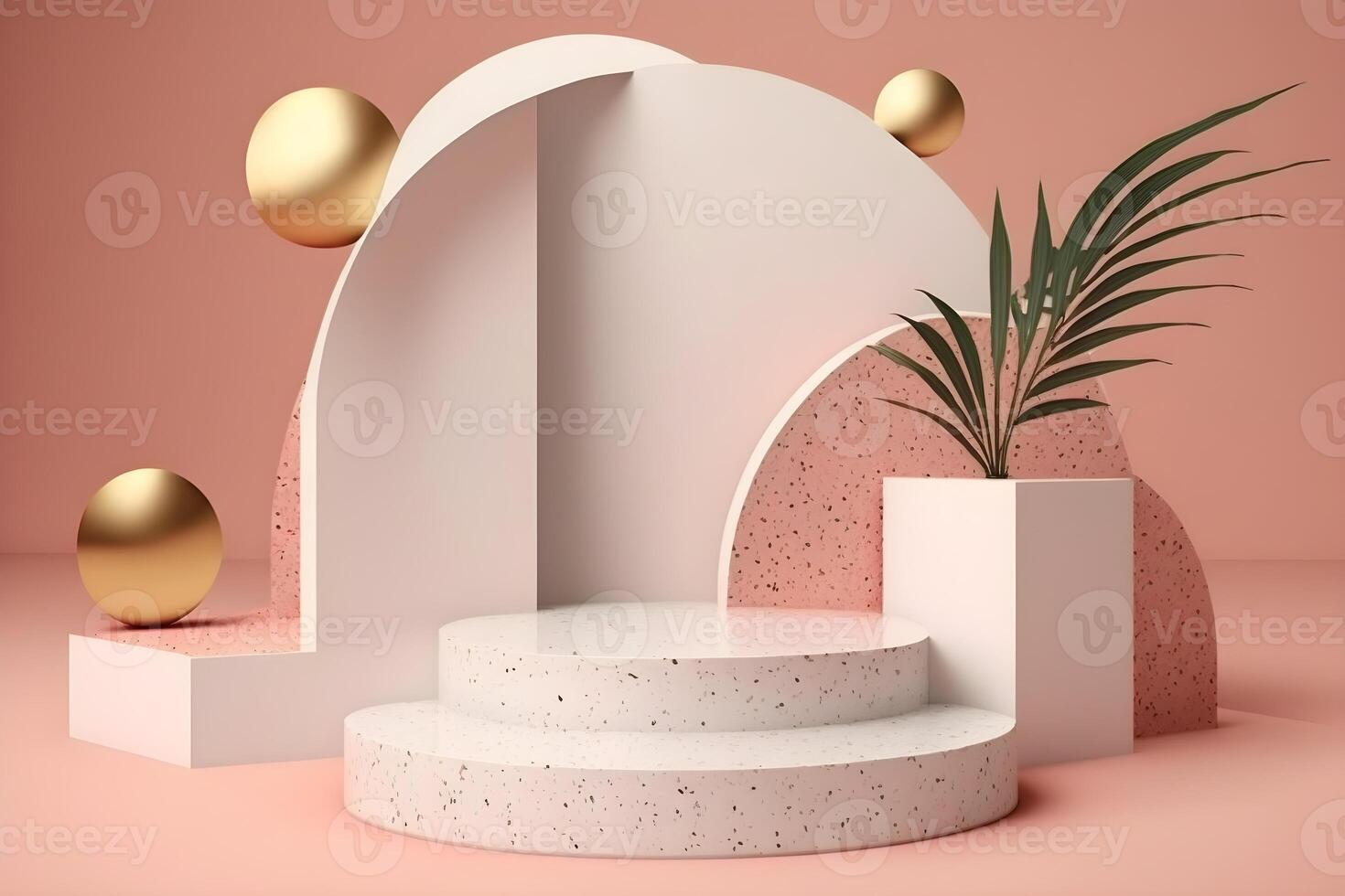 3d render empty space white terrazzo textured podium with monstera leaf house plant. Podium for product shoot. Illustration. photo